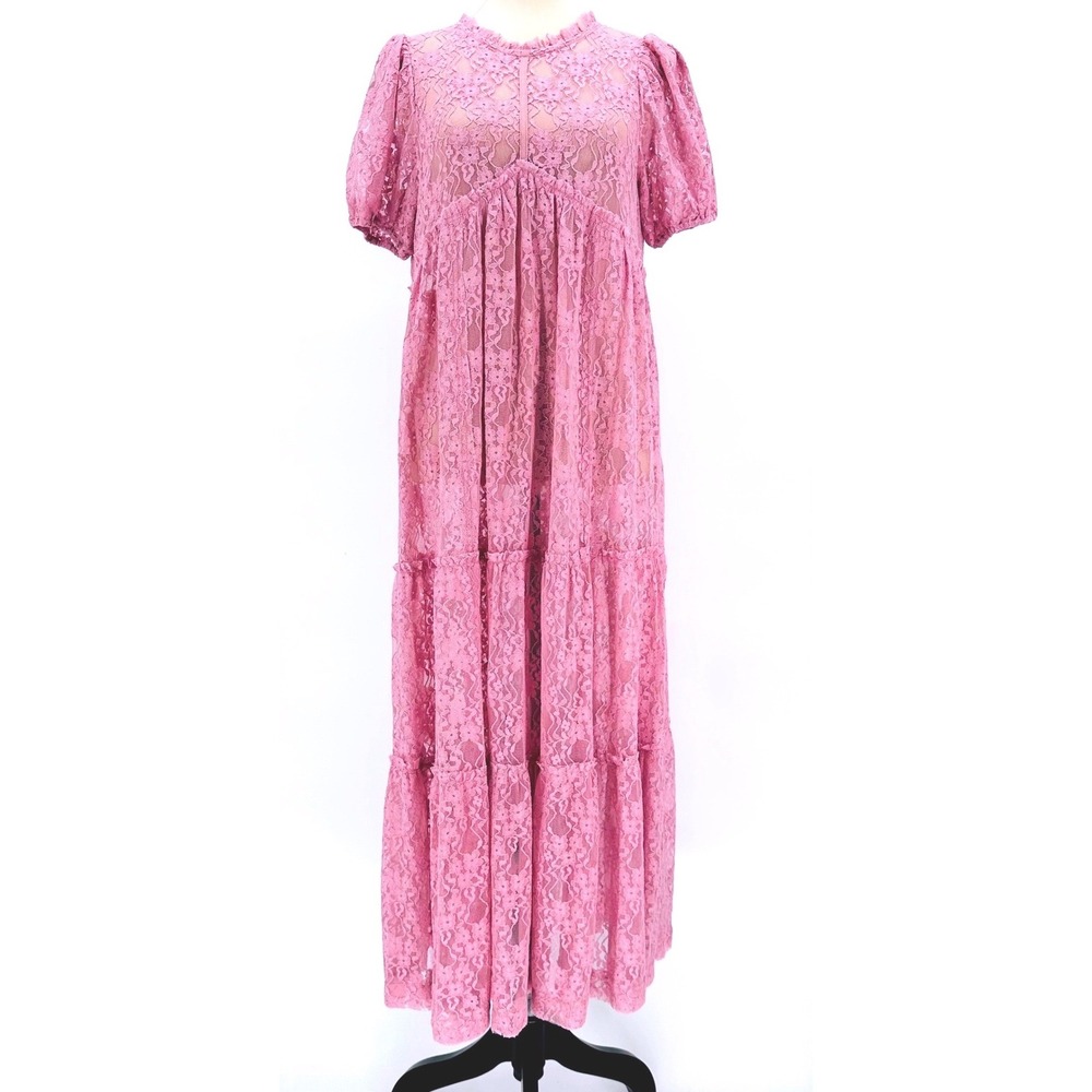In Loom Pink Floral Lace Maxi Dress Short Puff Sleeve Tiered Sheer‎ Small